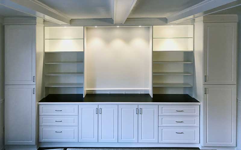 White Home Office with drawers, doors and tall units